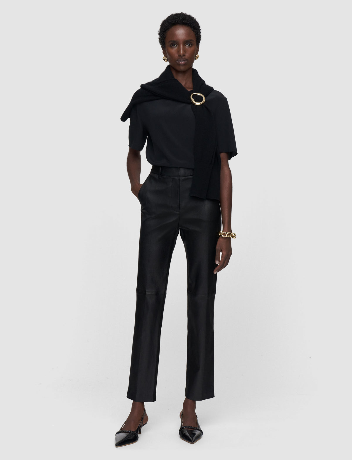 Black Coleman Long Leather Stretch Trousers - Joseph