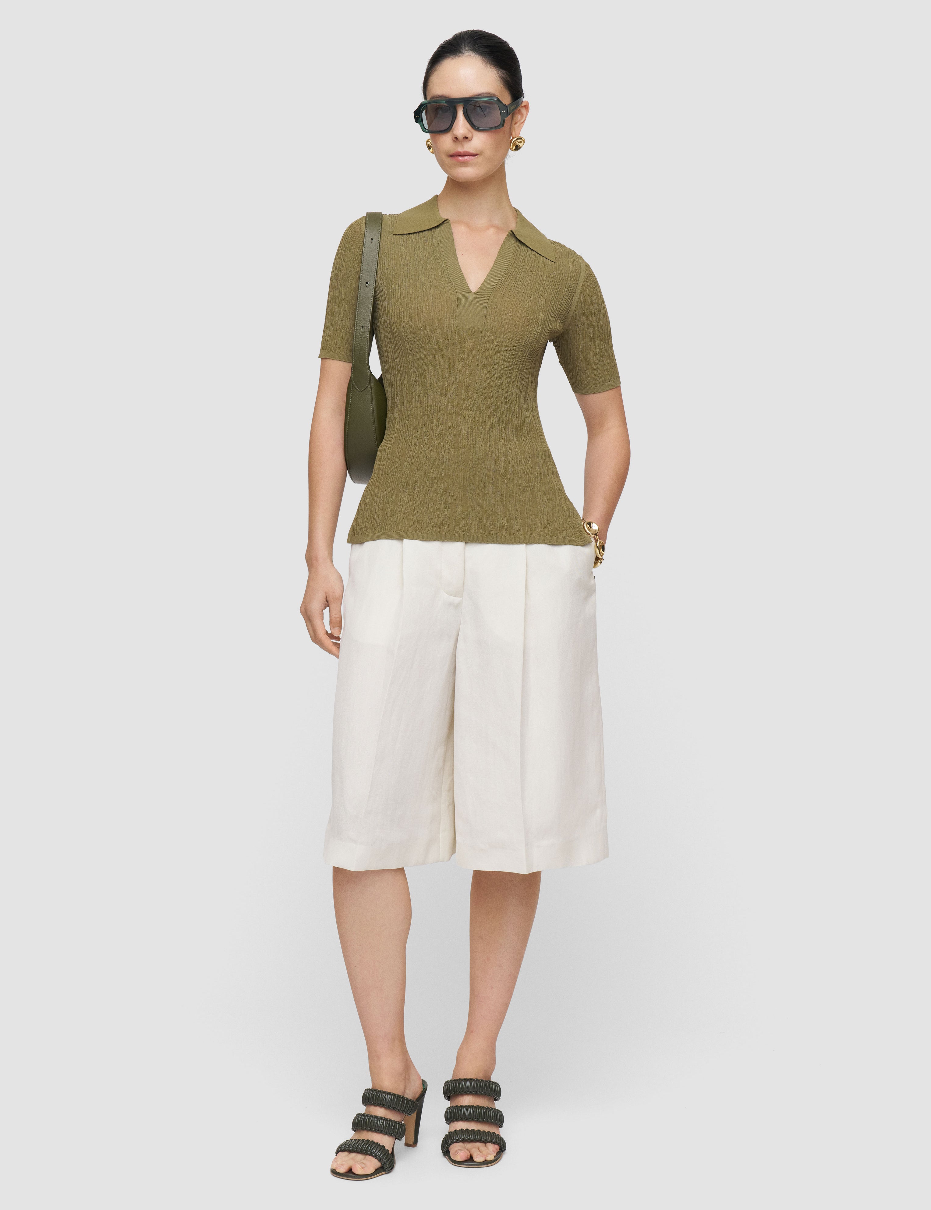 Green Aliane Crinkle Viscose Polo Top - Joseph