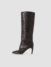 Brown Jolie Woven Leather Knee High Heeled Boots - Joseph