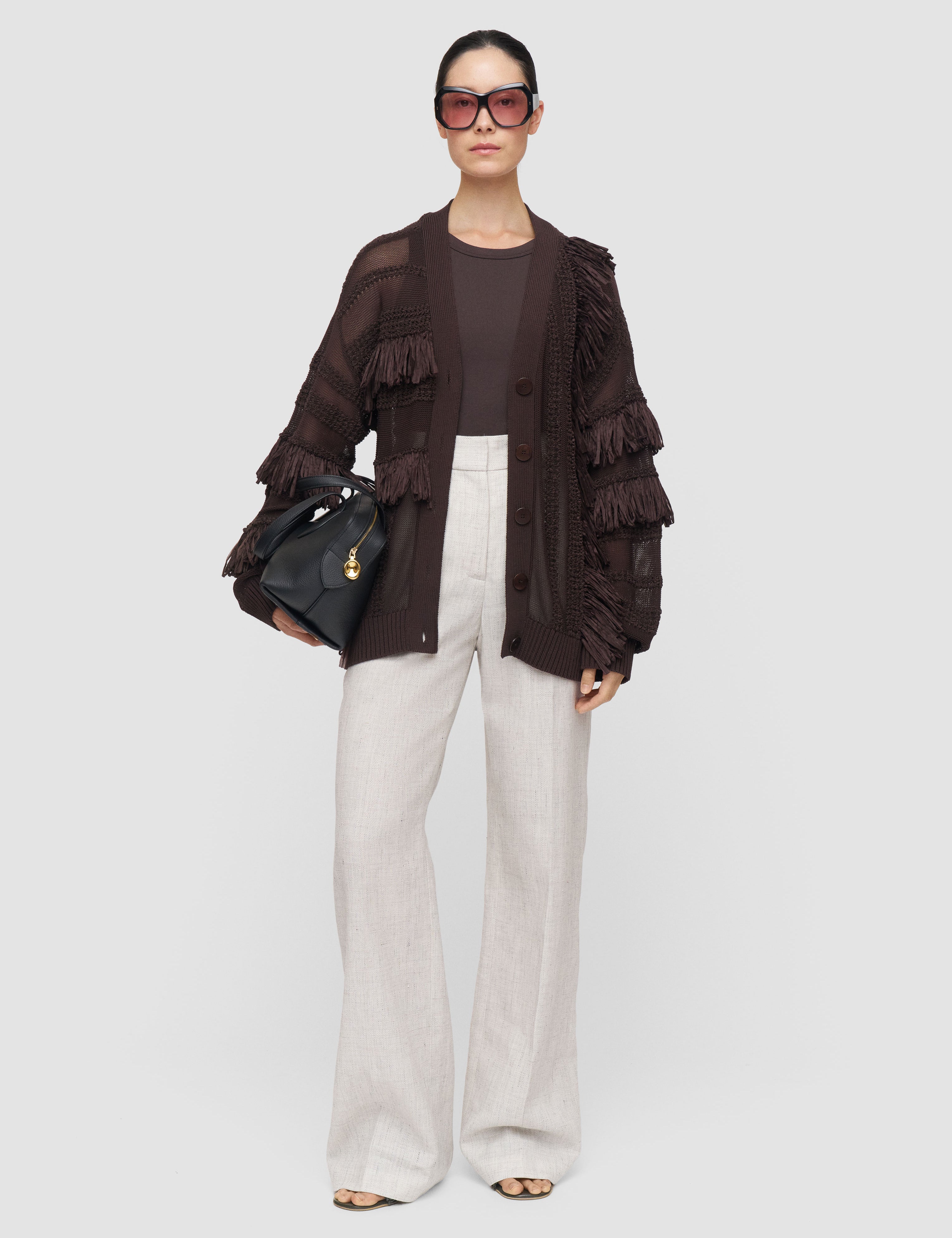 Brown Musa Cotton Raffia Fringe Cardigan - Joseph