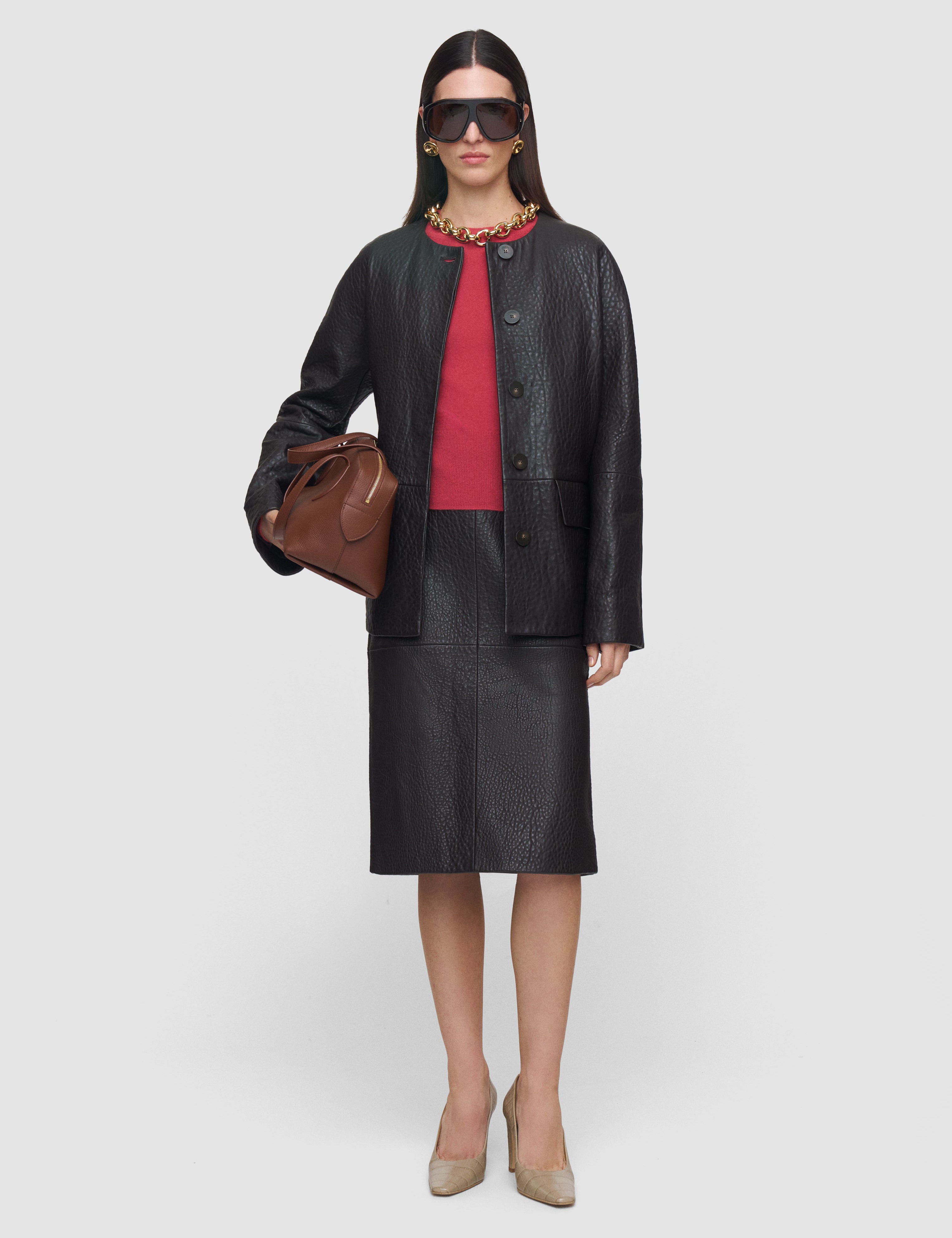 Brown Shroff Pebble Leather Skirt - Joseph