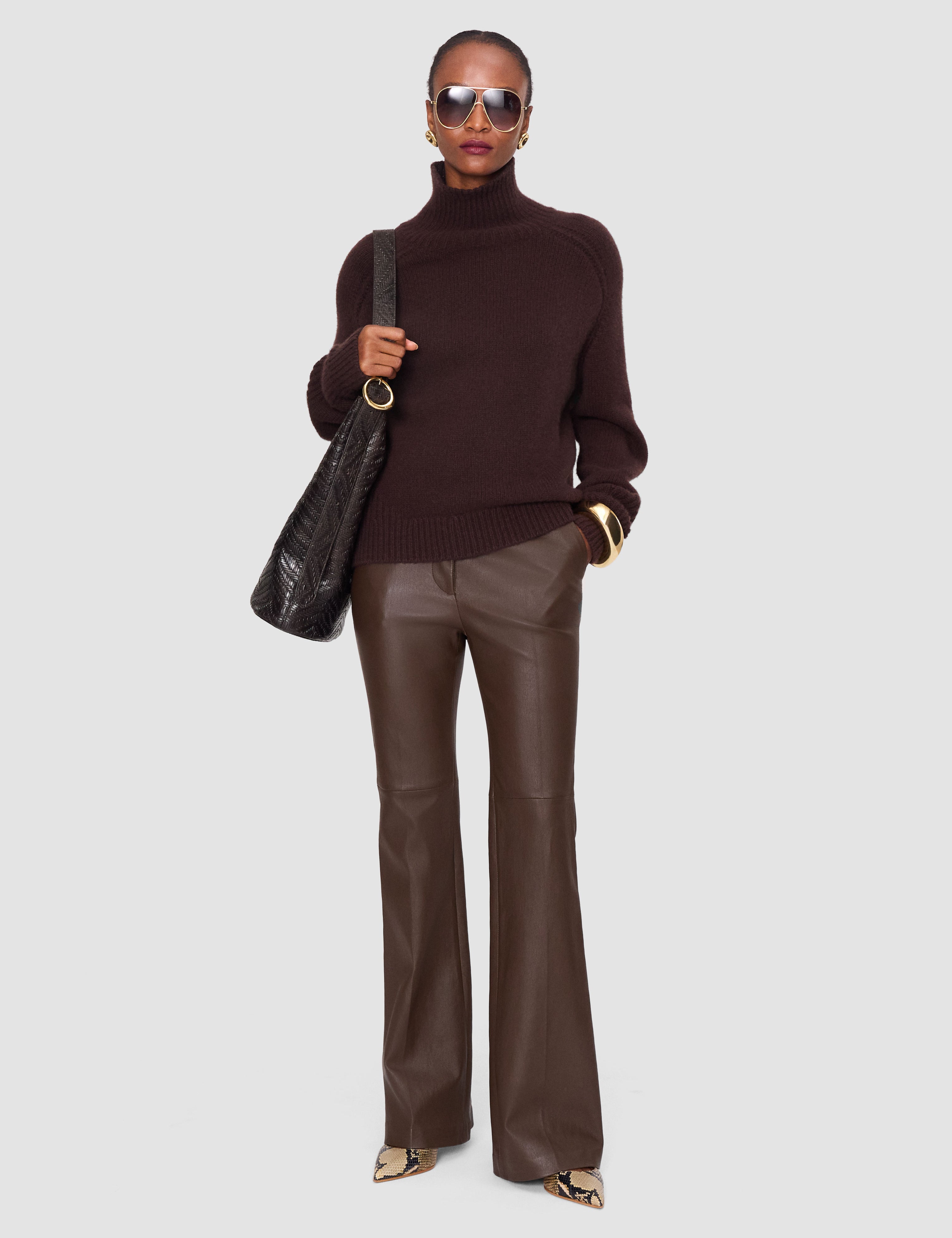Brown Tafira Leather Stretch Trousers - Joseph